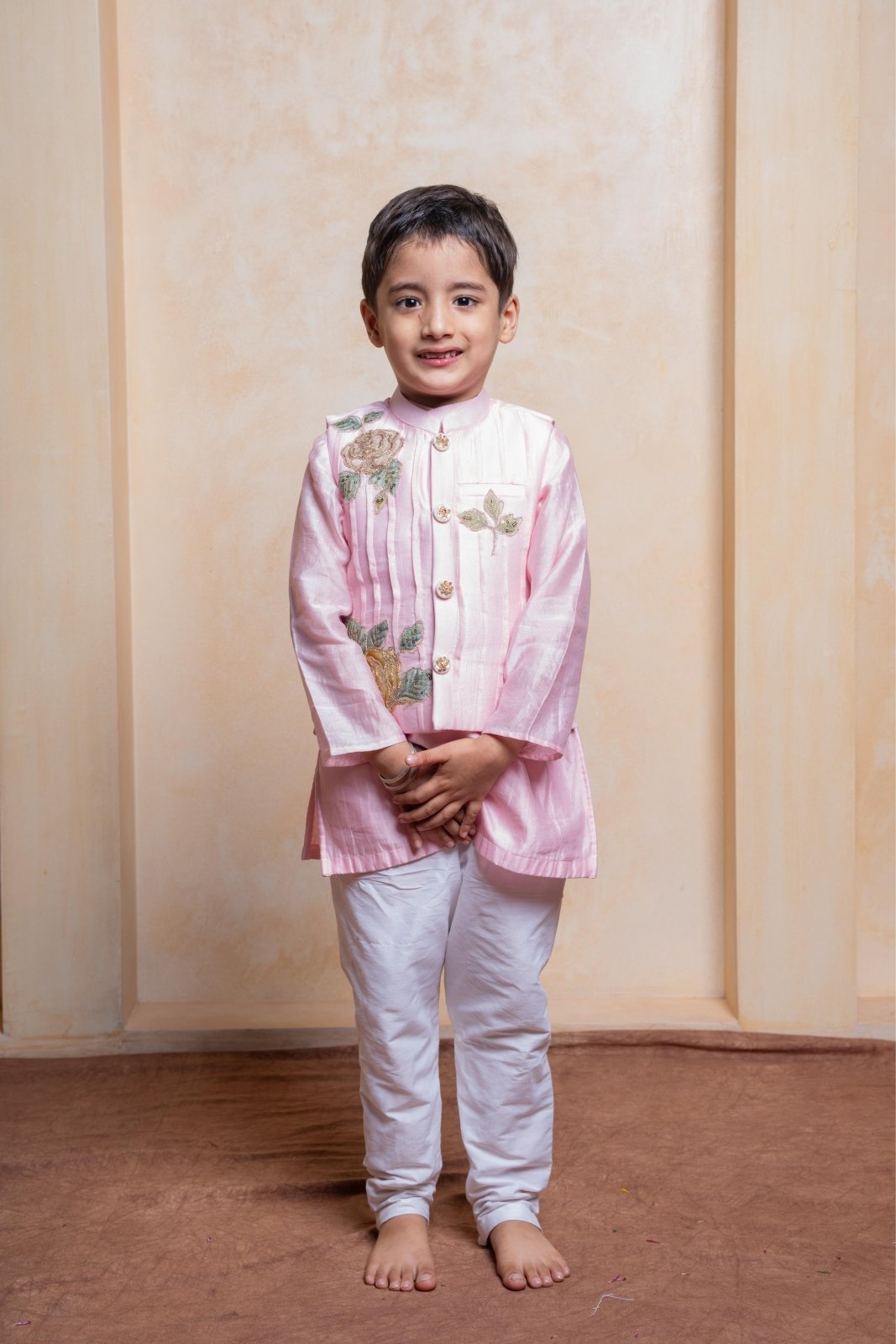 Pink Kurta With Floral Embroidered Jacket And Pyjama - Kirti Agarwal