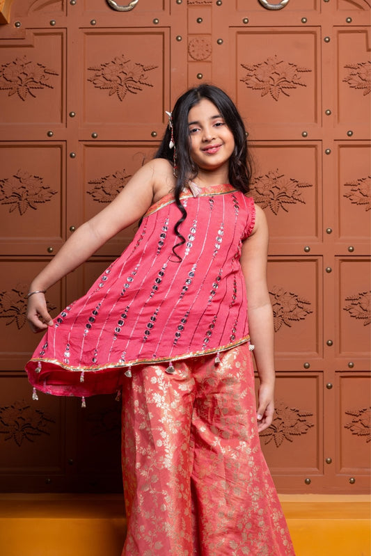 Pink Mirror Work Kurti with Brocade Palazzo – A perfect blend of sparkle and comfort! - Kirti Agarwal