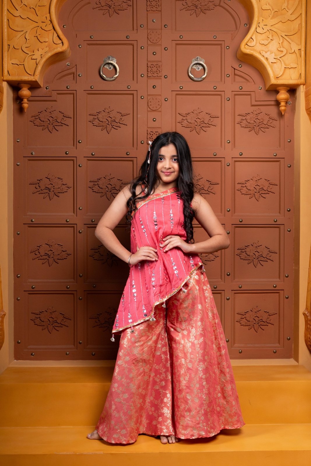 Pink Mirror Work Kurti with Brocade Palazzo – A perfect blend of sparkle and comfort! - Kirti Agarwal
