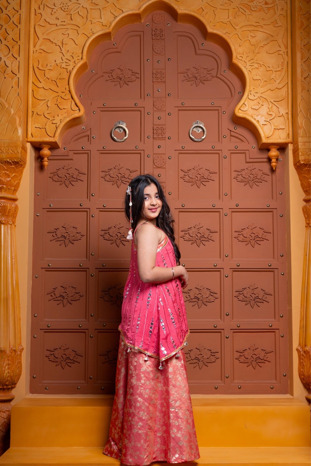 Pink Mirror Work Kurti with Brocade Palazzo – A perfect blend of sparkle and comfort! - Kirti Agarwal