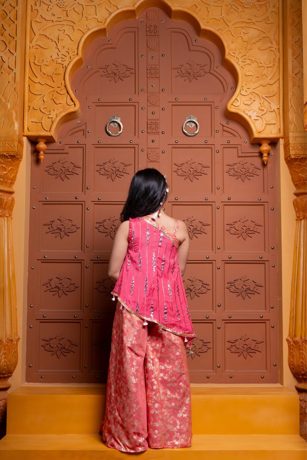 Pink Mirror Work Kurti with Brocade Palazzo – A perfect blend of sparkle and comfort! - Kirti Agarwal