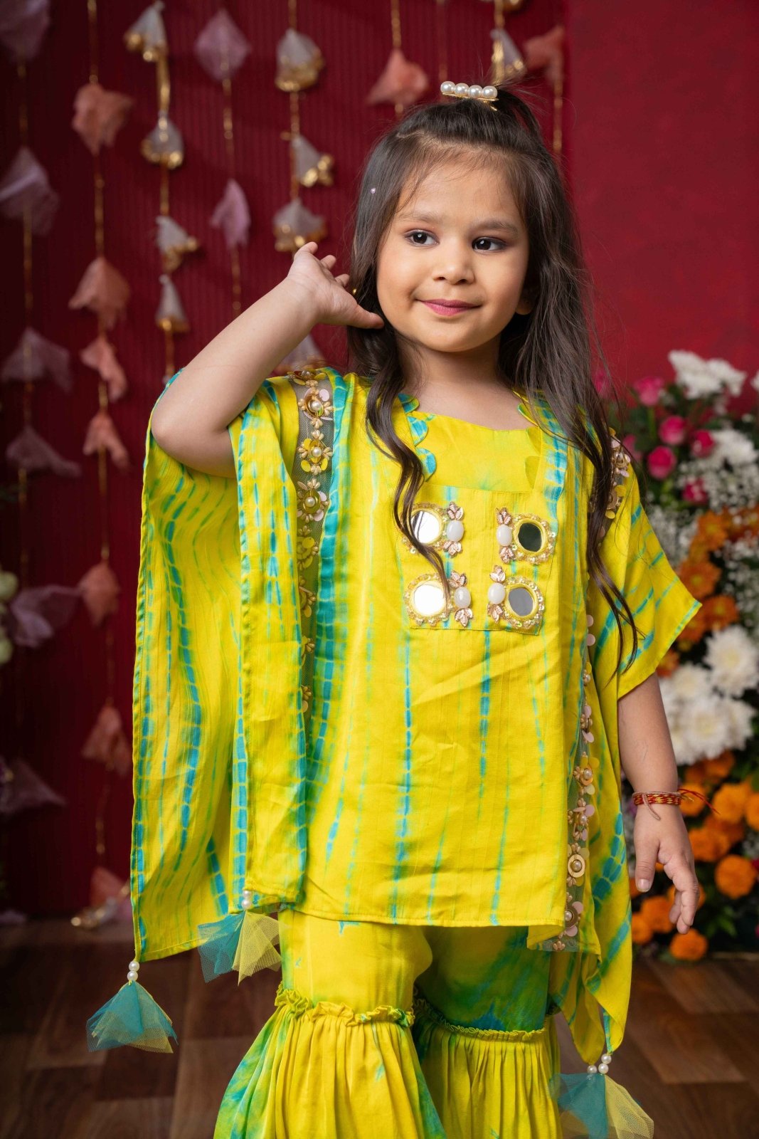 Printed Embellished Kaftan With Strappy Crop Top And Sharara - Kirti Agarwal