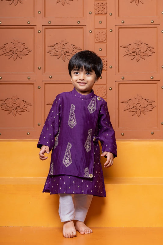 Purple Embroidered Flap Kurta With White Pyjama - Kirti Agarwal