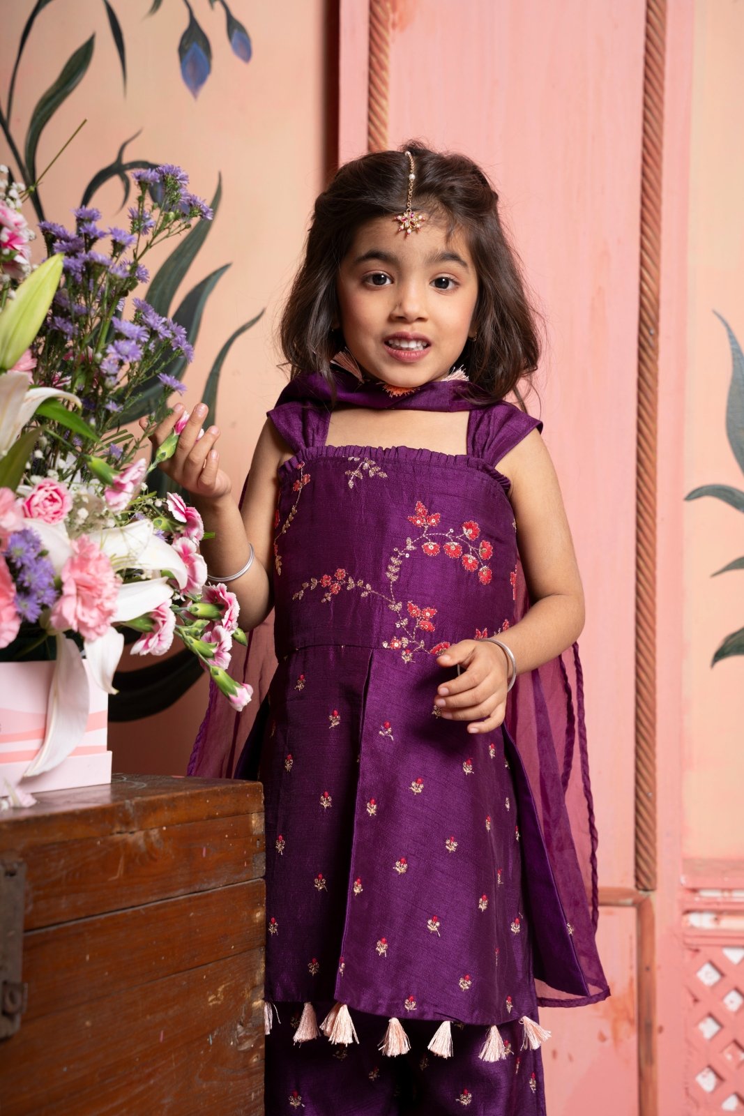 Purple Embroidered Kurti With Palazzo And Dupatta - Kirti Agarwal