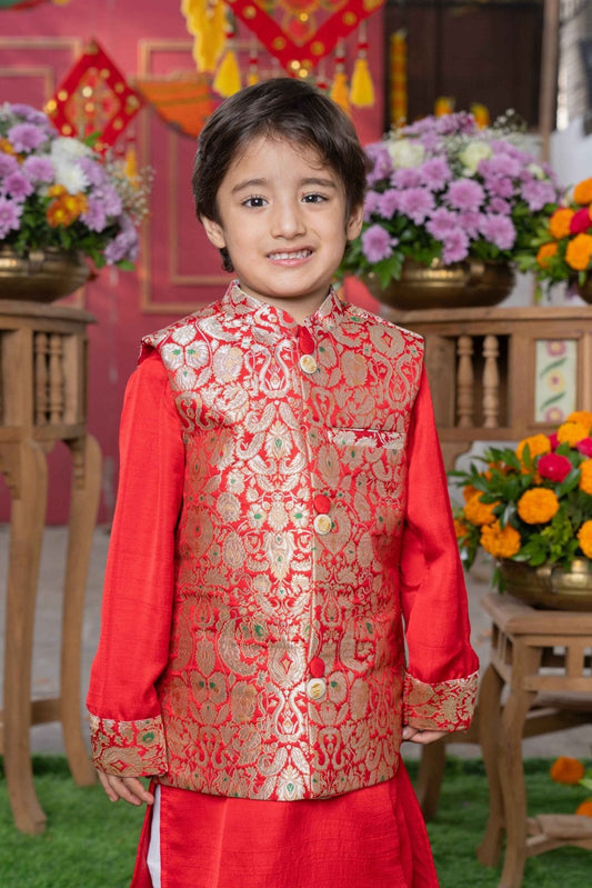 Red Kurta With Brocade Jacket And Pyjama - Kirti Agarwal