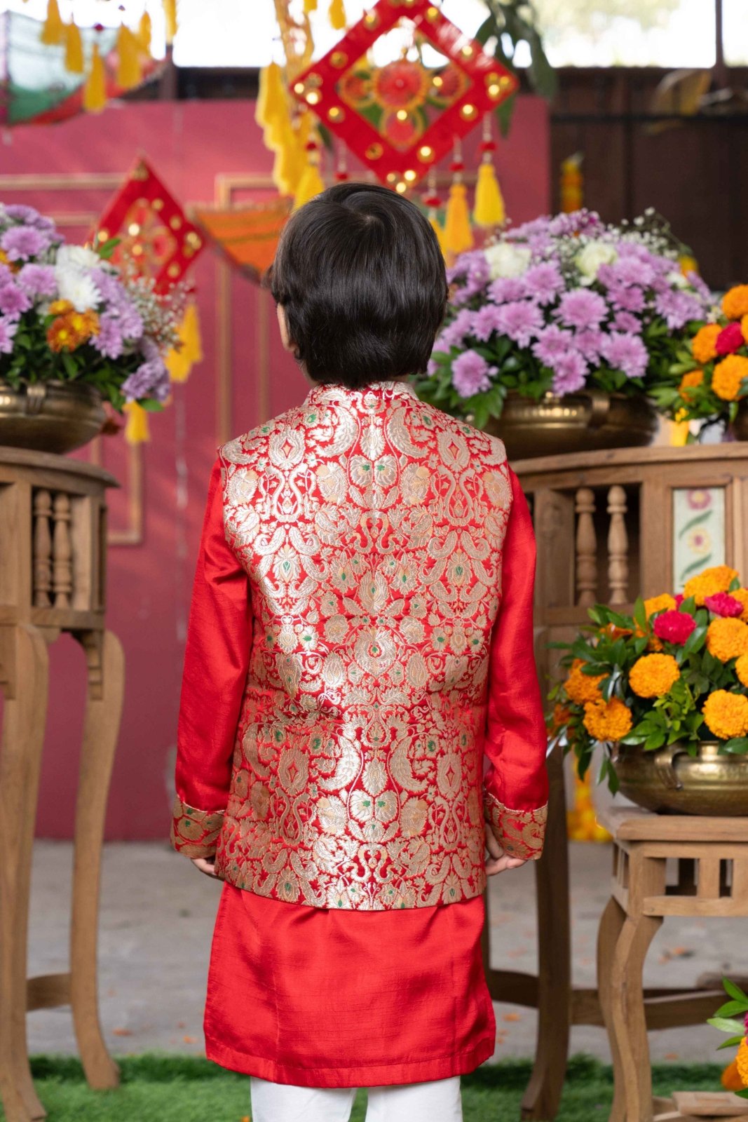 Red Kurta With Brocade Jacket And Pyjama - Kirti Agarwal