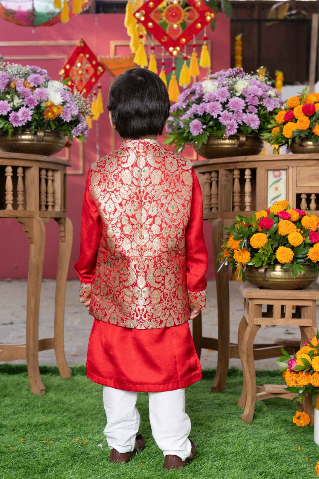 Red Kurta With Brocade Jacket And Pyjama - Kirti Agarwal