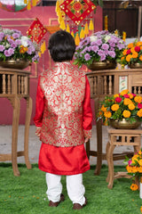 Red Kurta With Brocade Jacket And Pyjama - Kirti Agarwal