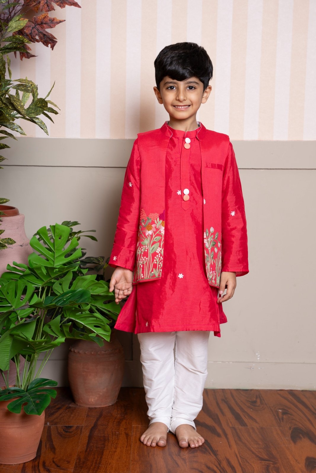 Red Kurta With Front Open Floral Embroidered Jacket And Pyjama - Kirti Agarwal