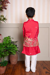 Red Kurta With Front Open Floral Embroidered Jacket And Pyjama - Kirti Agarwal