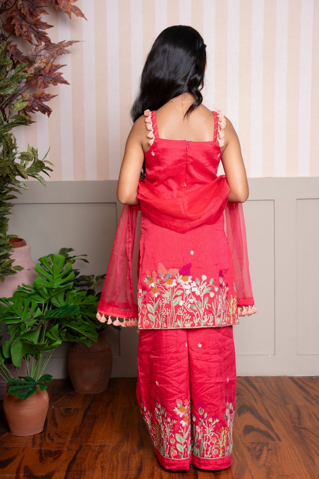 Red Sleeveless Floral Embroidered Kurti With Palazzo And Dupatta - Kirti Agarwal