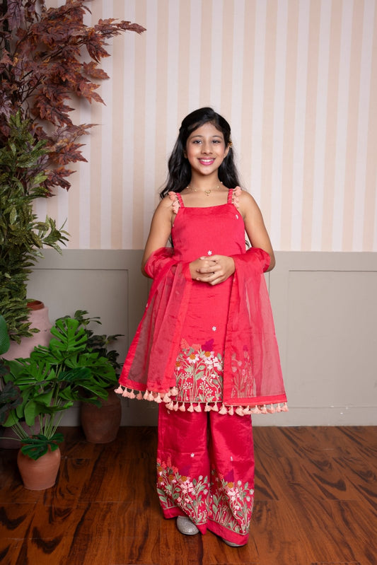 Red Sleeveless Floral Embroidered Kurti With Palazzo And Dupatta - Kirti Agarwal