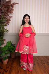 Red Sleeveless Floral Embroidered Kurti With Palazzo And Dupatta - Kirti Agarwal