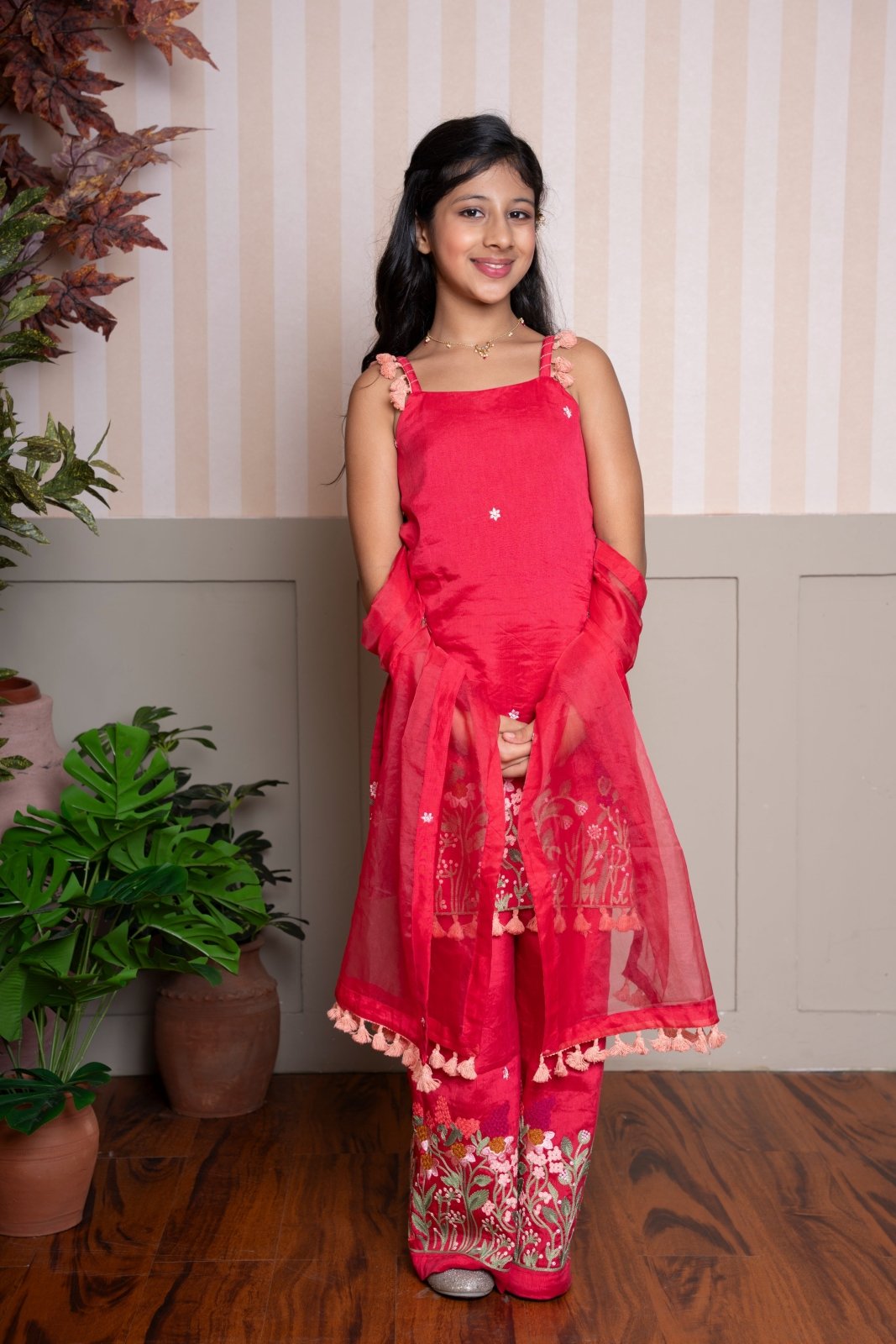 Red Sleeveless Floral Embroidered Kurti With Palazzo And Dupatta - Kirti Agarwal