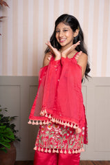 Red Sleeveless Floral Embroidered Kurti With Palazzo And Dupatta - Kirti Agarwal