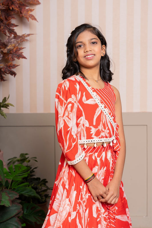 Red Stylish Printed Embellished Top And Flared Lehenga - Kirti Agarwal