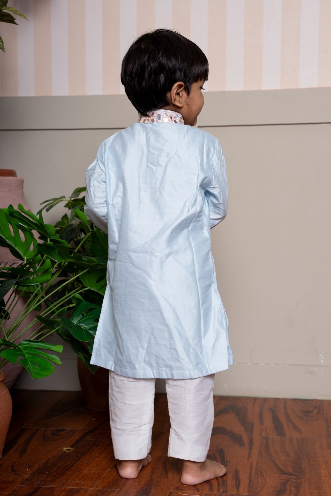 Refined powder blue kurta set with mirror work – a graceful ensemble for festive occasions. - Kirti Agarwal