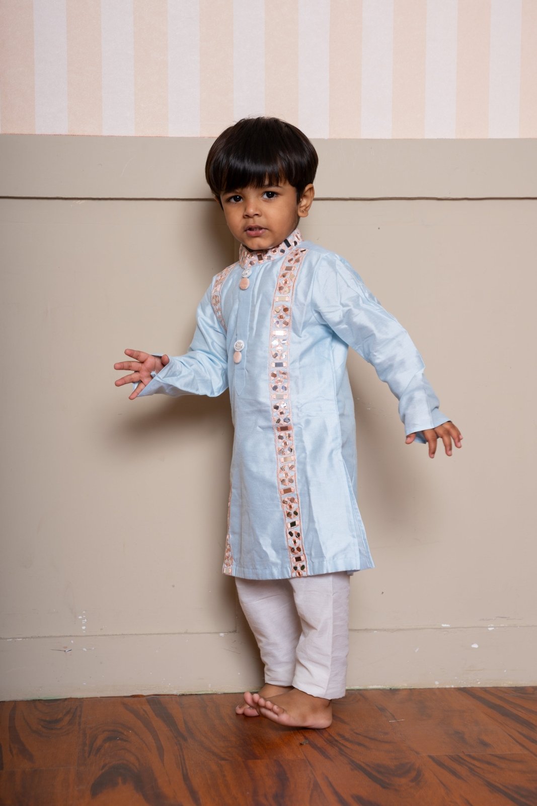 Refined powder blue kurta set with mirror work – a graceful ensemble for festive occasions. - Kirti Agarwal
