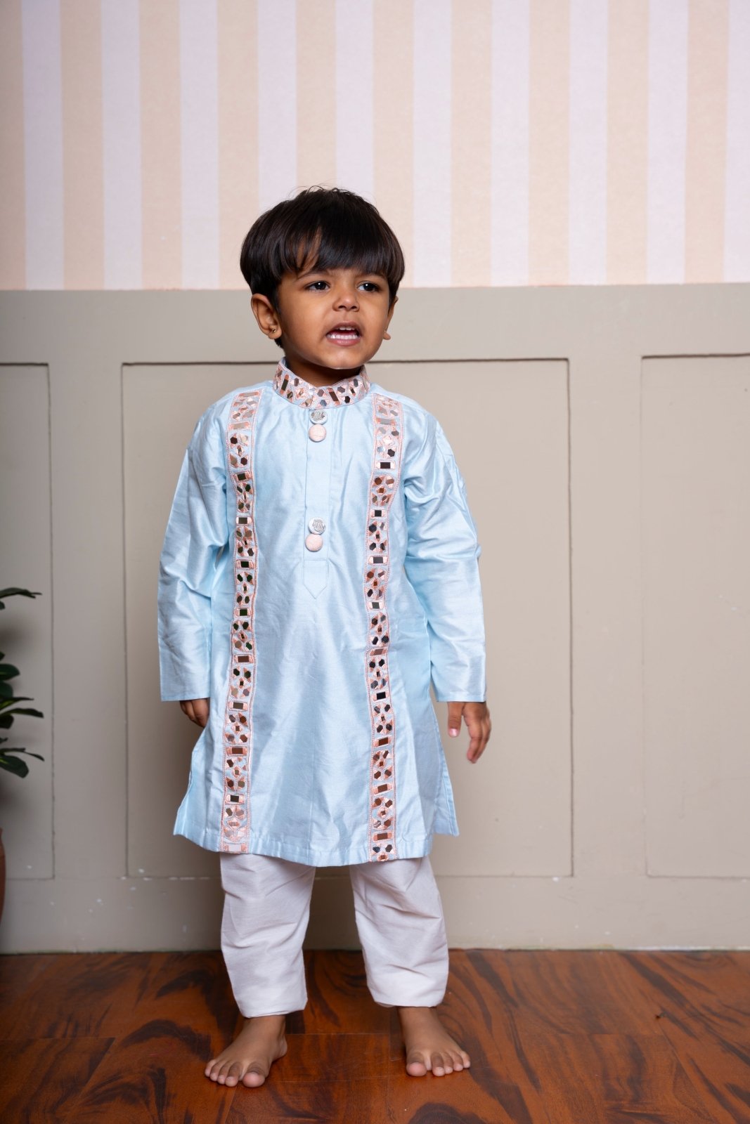 Refined powder blue kurta set with mirror work – a graceful ensemble for festive occasions. - Kirti Agarwal