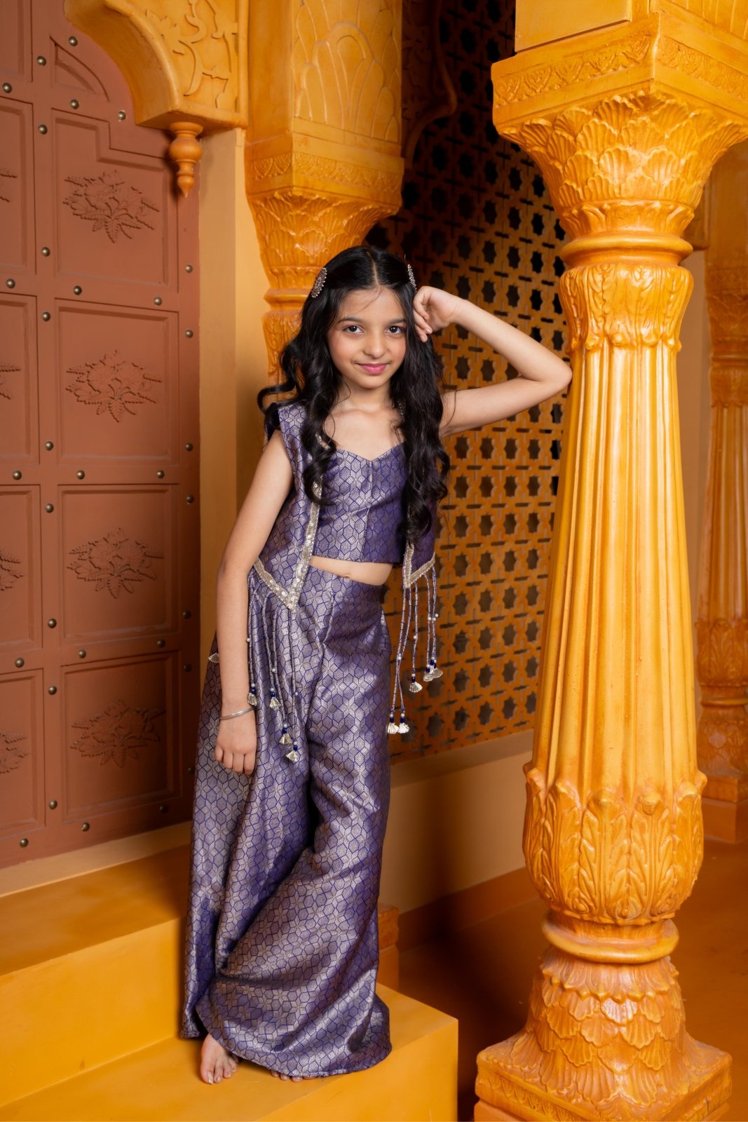 Regal 3 - piece brocade silk set with crop top, palazzo, and tassel jacket – perfect festive wear for your little princess - Kirti Agarwal