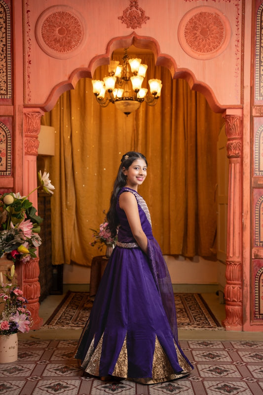 Regal One - Shoulder Purple Lehenga Set with Golden Brocade Panels – A Royal Statement for Every Festive Occasion! - Kirti Agarwal