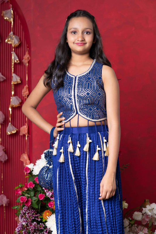 Royal Blue Embroidered Crop Top and Tassel - Adorned Sharara Set with Matching Potli – Perfect for Weddings, Parties, and Festive Celebrations - Kirti Agarwal