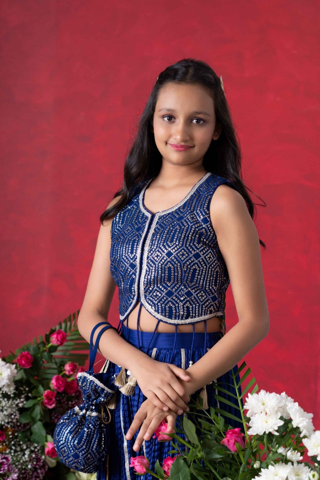 Royal Blue Embroidered Crop Top and Tassel - Adorned Sharara Set with Matching Potli – Perfect for Weddings, Parties, and Festive Celebrations - Kirti Agarwal