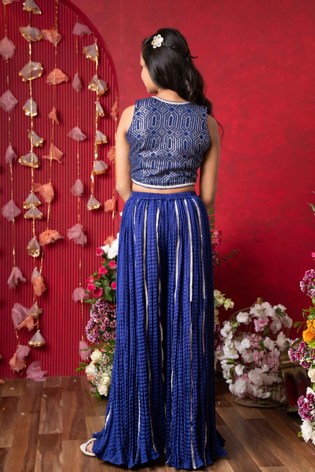 Royal Blue Embroidered Crop Top and Tassel - Adorned Sharara Set with Matching Potli – Perfect for Weddings, Parties, and Festive Celebrations - Kirti Agarwal