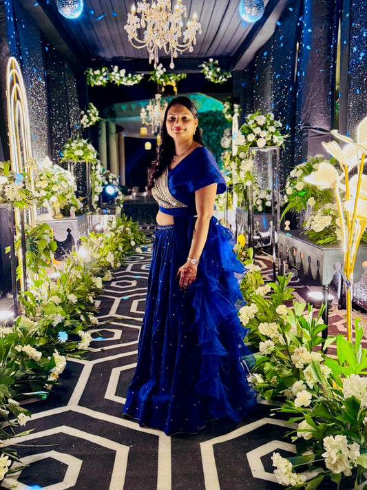 Royal blue Pure Silk lehenga set with embellished dupatta for a stunning festive look. - Kirti Agarwal