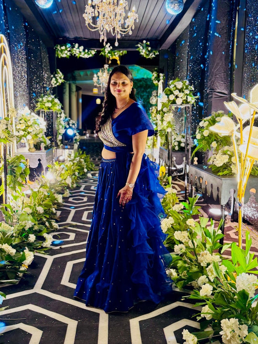 Royal blue Pure Silk lehenga set with embellished dupatta for a stunning festive look. - Kirti Agarwal