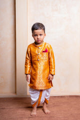 Royal golden silk kurta with traditional dhoti – a perfect festive outfit for boys to shine at weddings and celebrations - Kirti Agarwal