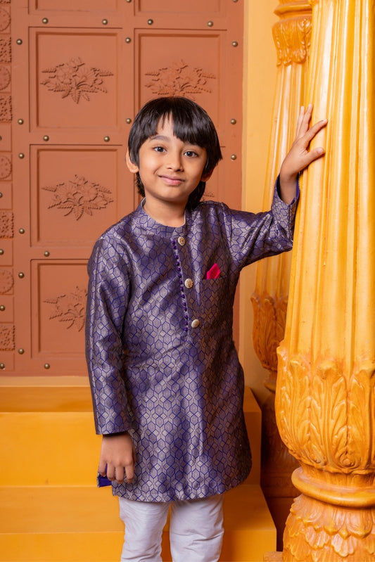 Royal purple silk kurta with white churidar – a perfect ethnic outfit for boys to shine at weddings and festive celebrations - Kirti Agarwal