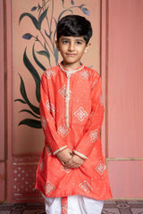 Rust - orange embroidered kurta paired with contrast white dhoti for a timeless festive statement. - Kirti Agarwal