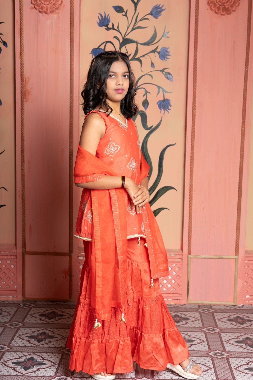 Rust - orange embroidered sharara set with gota detailing and tassel dupatta—perfect for festive elegance. - Kirti Agarwal