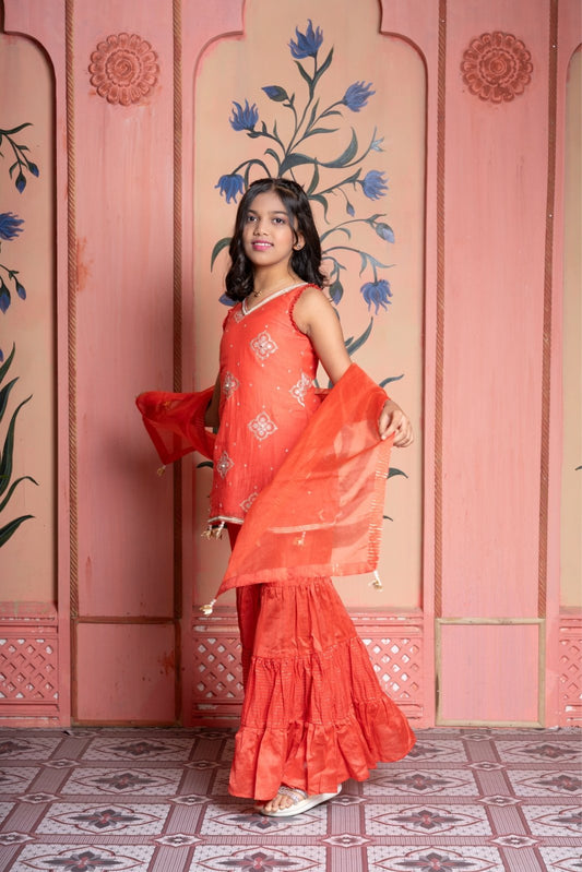 Rust - orange embroidered sharara set with gota detailing and tassel dupatta—perfect for festive elegance. - Kirti Agarwal