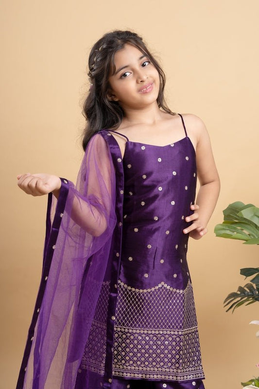 Sequins And Thread Embroidered Purple Strappy Kurti With Palazzo And Net Dupatta - Kirti Agarwal