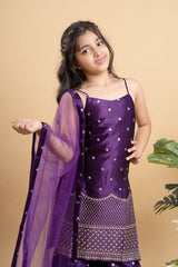 Sequins And Thread Embroidered Purple Strappy Kurti With Palazzo And Net Dupatta - Kirti Agarwal