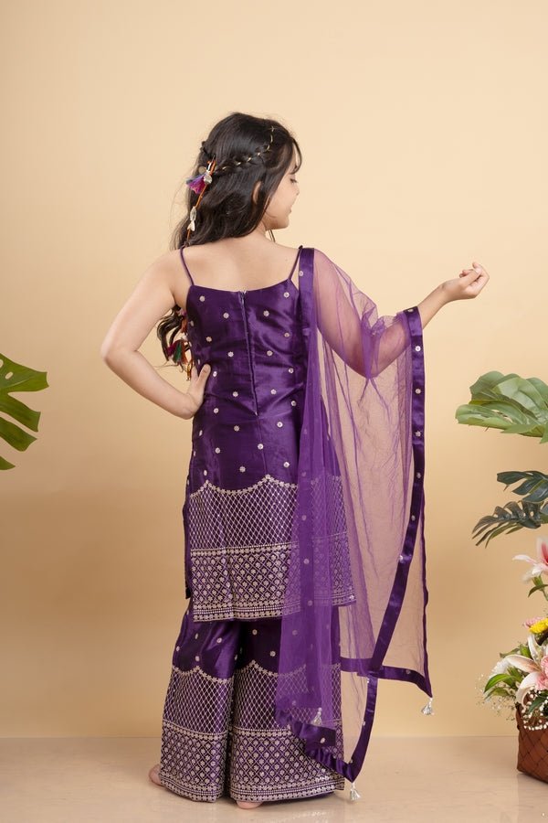Sequins And Thread Embroidered Purple Strappy Kurti With Palazzo And Net Dupatta - Kirti Agarwal