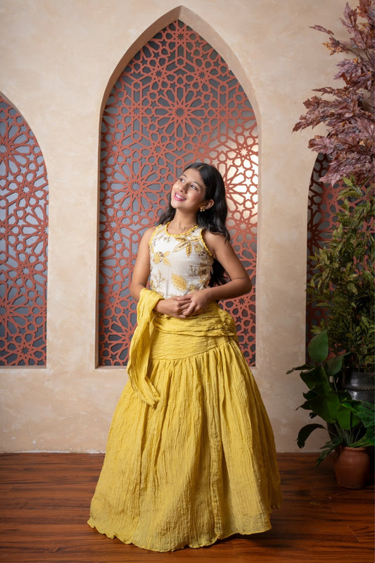 Shine bright in this mustard yellow crinkled lehenga set with elegant floral embroidered blouse – perfect for festive glam - Kirti Agarwal