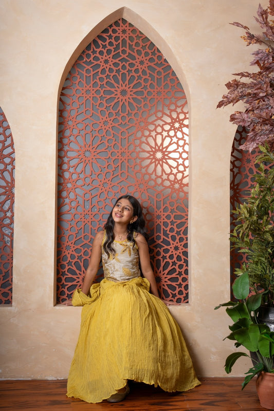Shine bright in this mustard yellow crinkled lehenga set with elegant floral embroidered blouse – perfect for festive glam - Kirti Agarwal