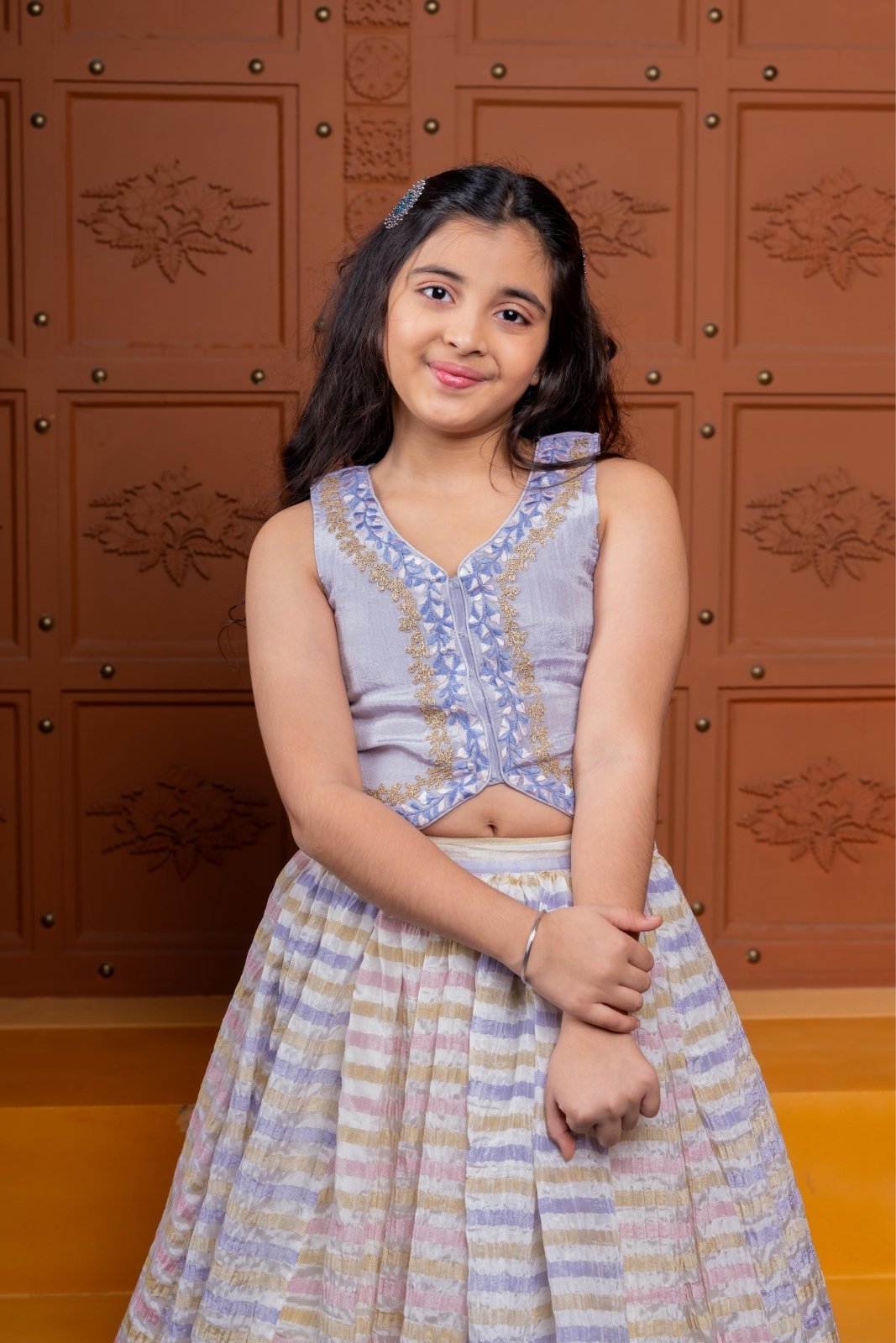 Sleeveless Floral Embroidered Sheen Top With Shimmery Lehenga - Kirti Agarwal