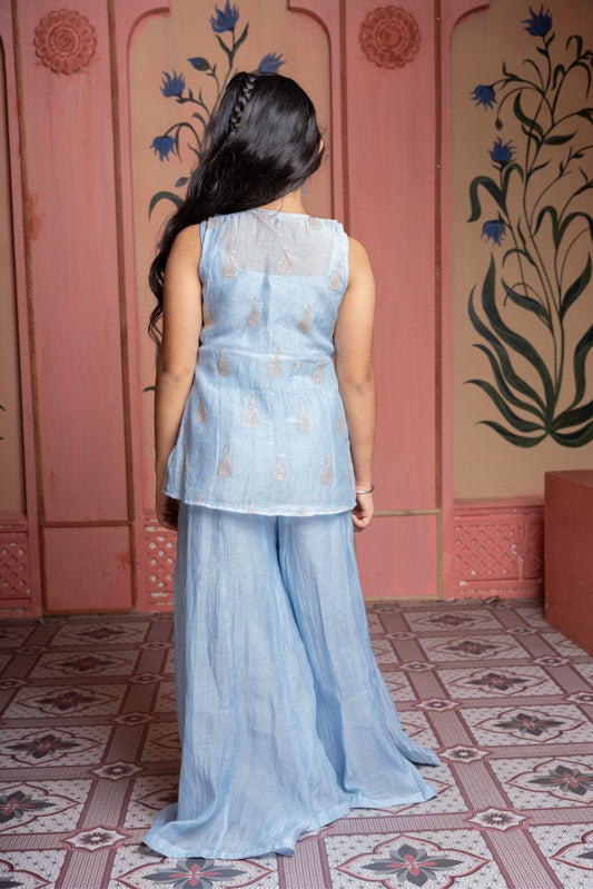 Steel blue embroidered crop top with scalloped jacket and palazzo set – a chic festive ensemble with modern charm. - Kirti Agarwal