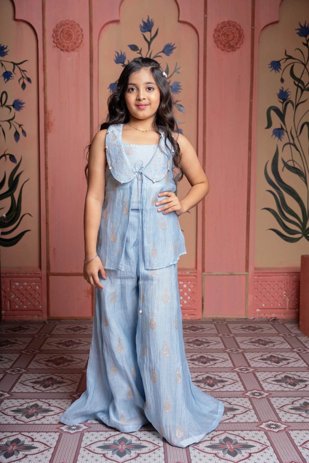 Steel blue embroidered crop top with scalloped jacket and palazzo set – a chic festive ensemble with modern charm. - Kirti Agarwal