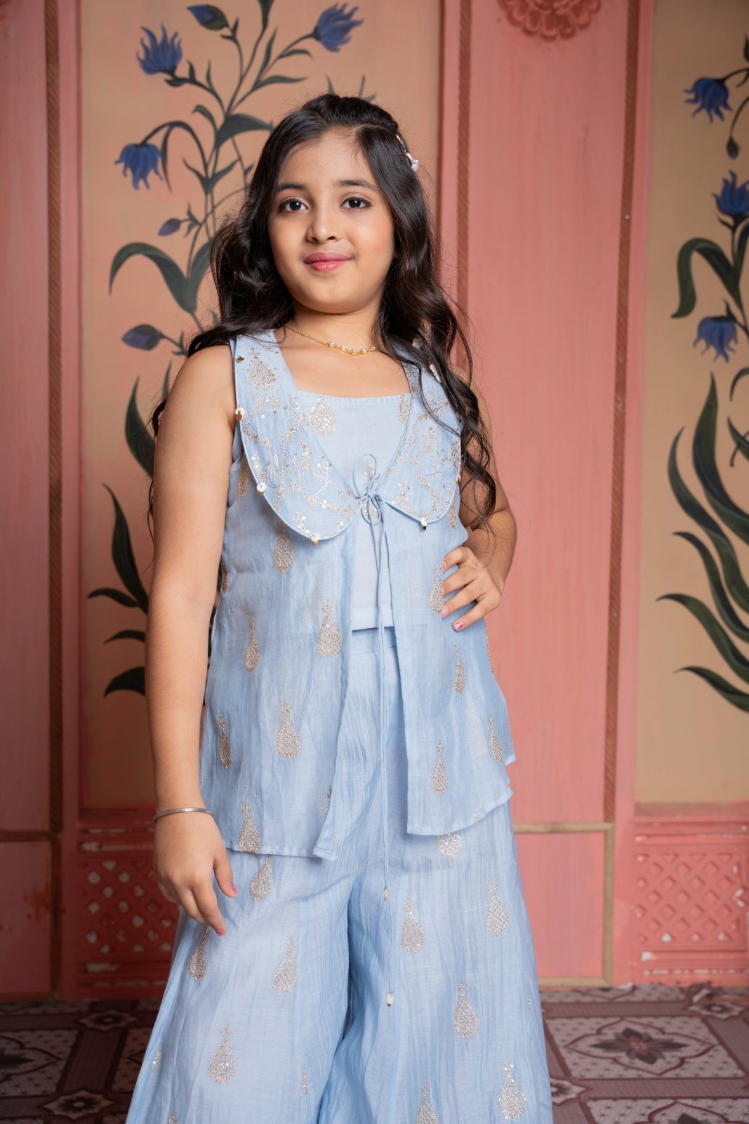 Steel blue embroidered crop top with scalloped jacket and palazzo set – a chic festive ensemble with modern charm. - Kirti Agarwal