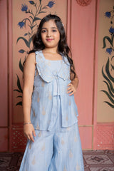 Steel blue embroidered crop top with scalloped jacket and palazzo set – a chic festive ensemble with modern charm. - Kirti Agarwal