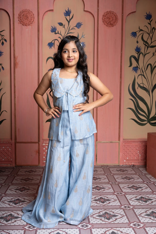 Steel blue embroidered crop top with scalloped jacket and palazzo set – a chic festive ensemble with modern charm. - Kirti Agarwal