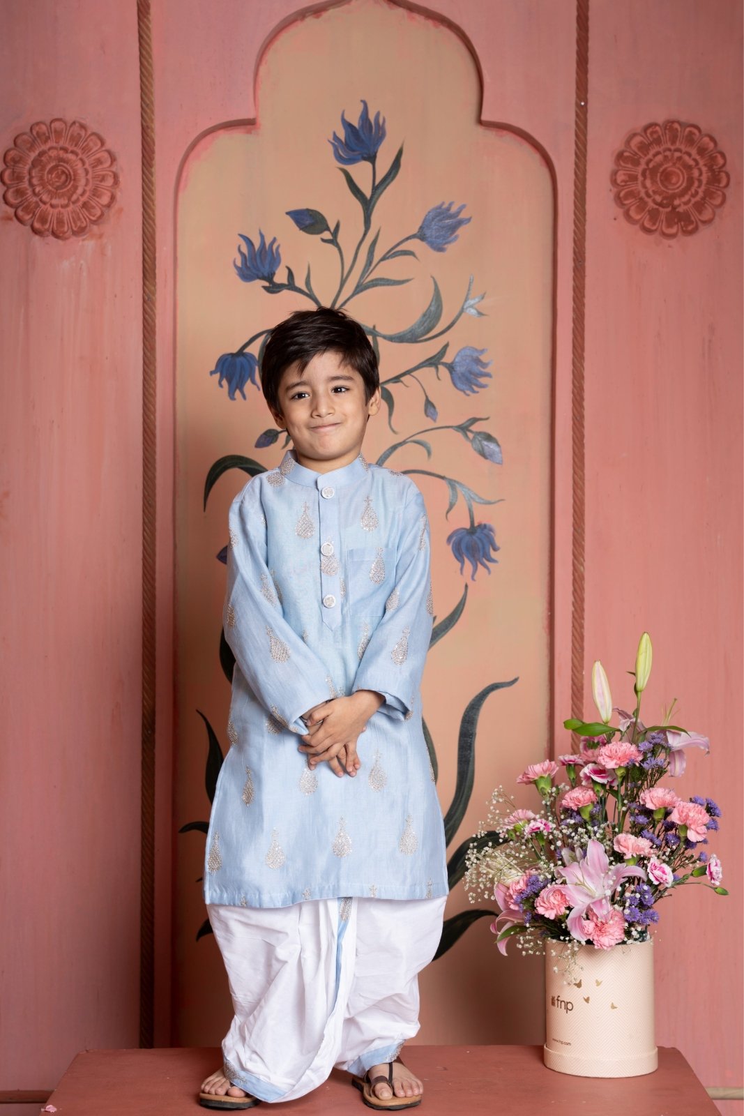 Steel blue embroidered kurta with white dhoti – a charming ethnic outfit perfect for festive occasions. - Kirti Agarwal