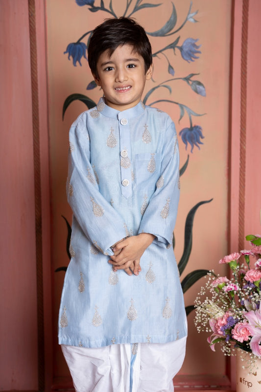 Steel blue embroidered kurta with white dhoti – a charming ethnic outfit perfect for festive occasions. - Kirti Agarwal