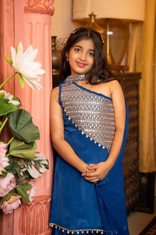 Stunning One - Shoulder Blue Indo - Western Lehenga with Mirror Work – Where Festive Glam Meets Modern Grace - Kirti Agarwal