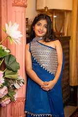 Stunning One - Shoulder Blue Indo - Western Lehenga with Mirror Work – Where Festive Glam Meets Modern Grace - Kirti Agarwal